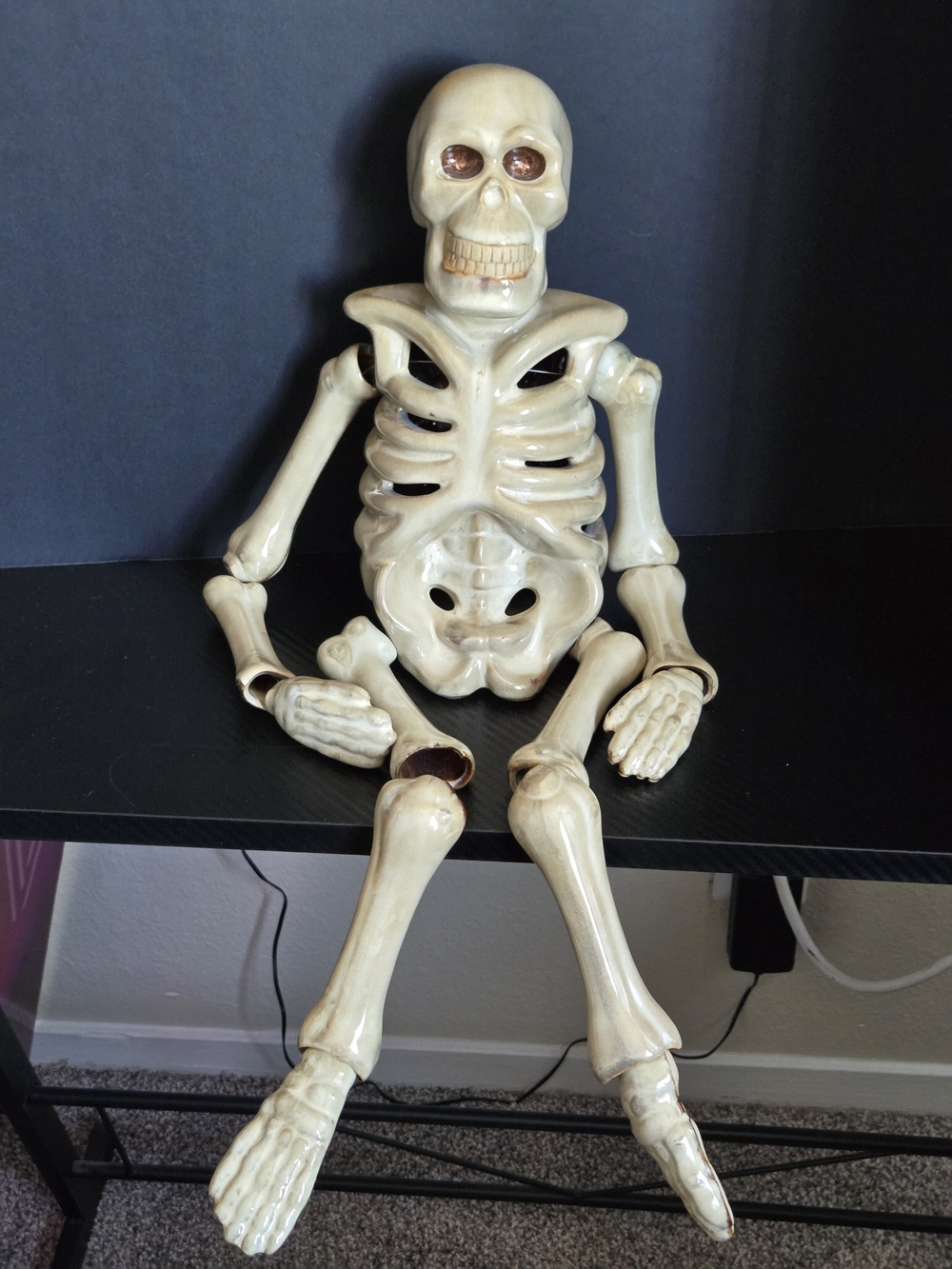 Vintage Glazed Ceramic Articulated Skeleton Tea Light Candle Holder Shelf Sitter